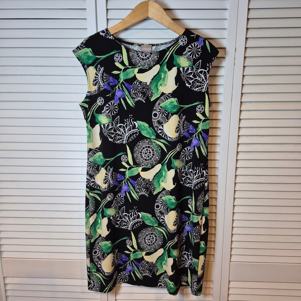 Chico's Dress Size 1 Sleeveless Black‎ Green Abstract Print Shift Travel Knit